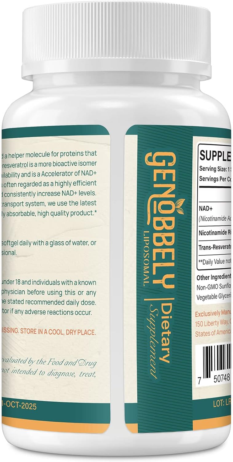 800 mg Liposomal NAD+ Supplement with Nicotinamide Riboside 200 mg, Trans-Resveratrol 100 mg - True NAD Supplement for DNA Repair, Healthy Aging, Brain Function - 360-Day Supply
