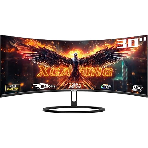 Curved Gaming Monitor - 30 Inch Ultra Wide Screen 200Hz WFHD, 1800R, 2560x1080p, 1ms, 100% sRGB, FreeSync, HDMI DP Display, Dual Speakers, VESA, with Rainbow Lights