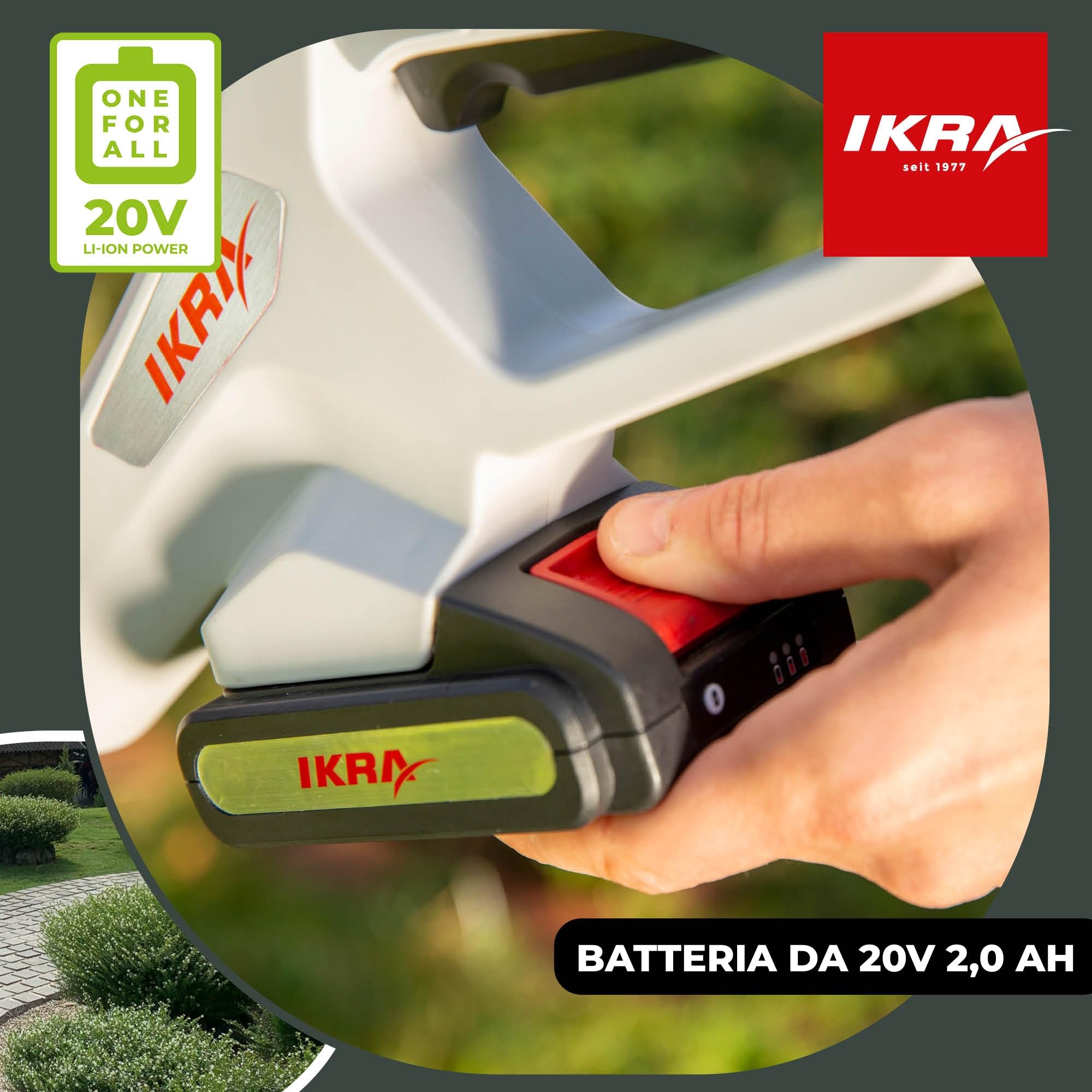 IKRA batteria 20V 2,0Ah LI 22, adatta a tutti gli attrezzi da giardino a batteria IKRA 20V, con display LED