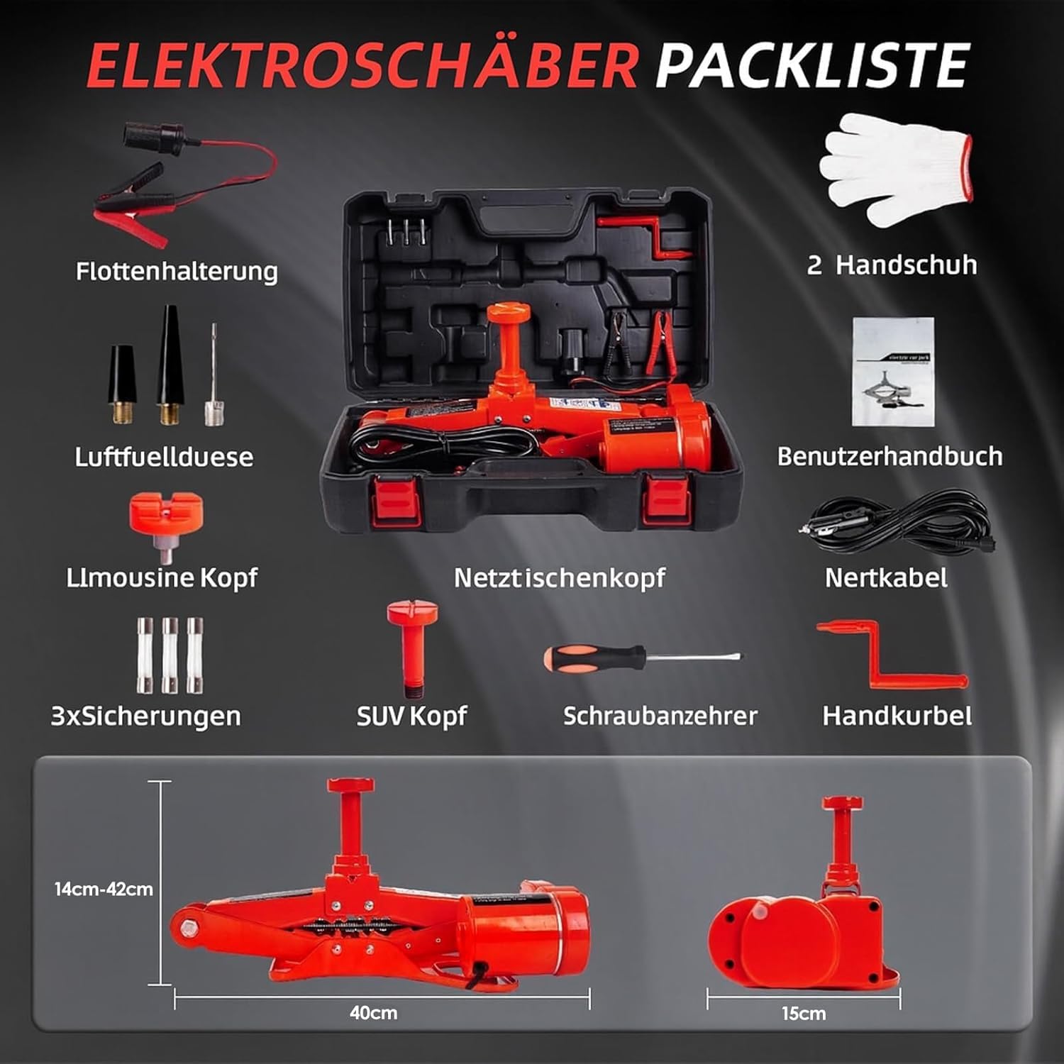 ROGTZ Elektrischer Schere Wagenheber – 12V automatisch Standfuß für Bodenheber Niedriges Profil 3 Ton Fahrzeug Auto Lift Set Reparaturwerkzeug mit Tragetasche Rot