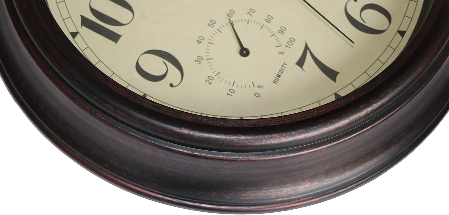 Foxtop Retro Silent Non-Ticking Wall Clock with Thermometer and Hygrometer Combo - Battery Operated Quality Quartz Round Indoor Clock for Bathrooom Home Decor 12 Inch (Bronze)