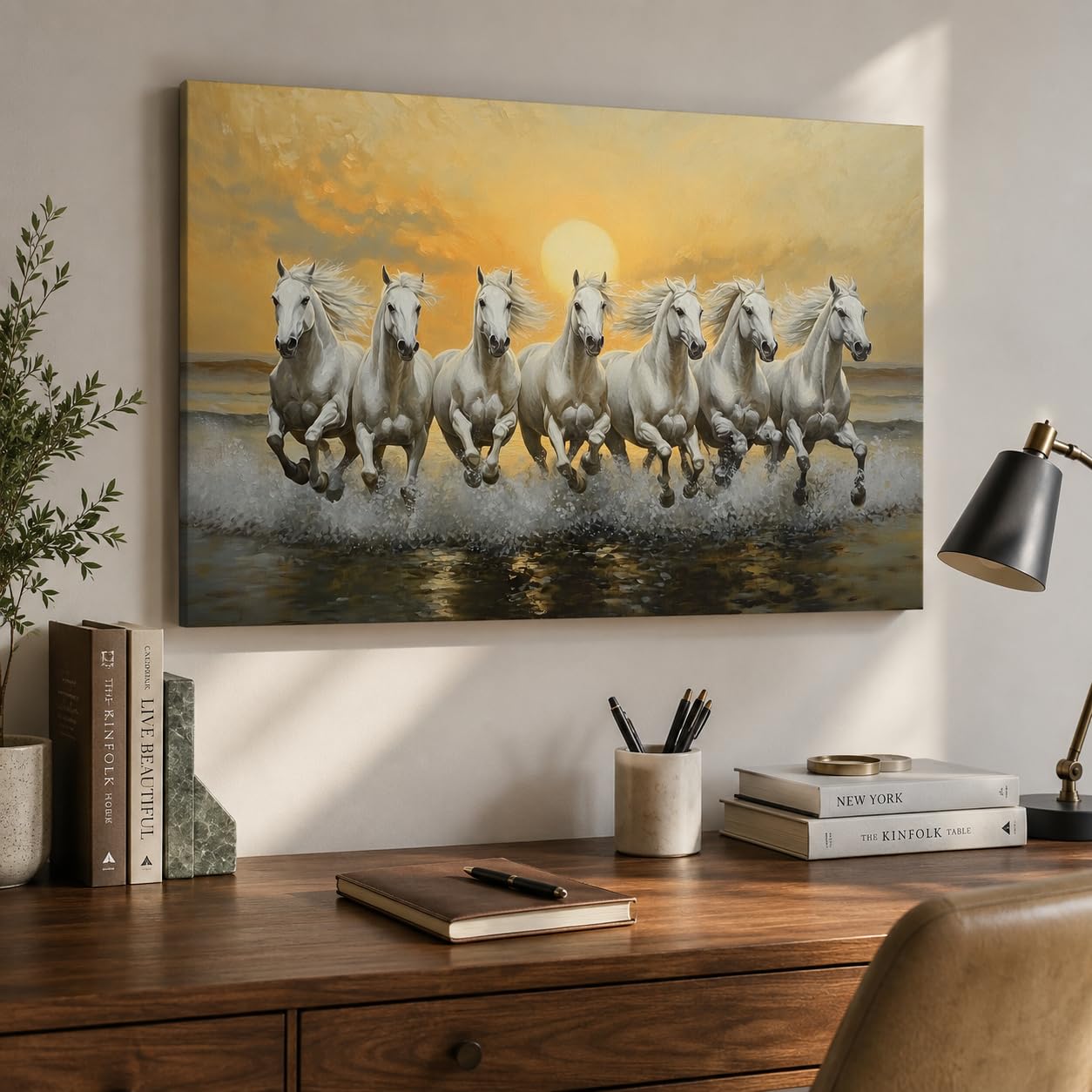 ANRUOXI Horse Pictures, Wall Decoration, 7 Running Horses, Wall Art Vastu with Frame, Horse Poster, Canvas, Wall Art, Seven Horses, Running Paintings, Vastu Shastra for Living Room, Office, Ready to