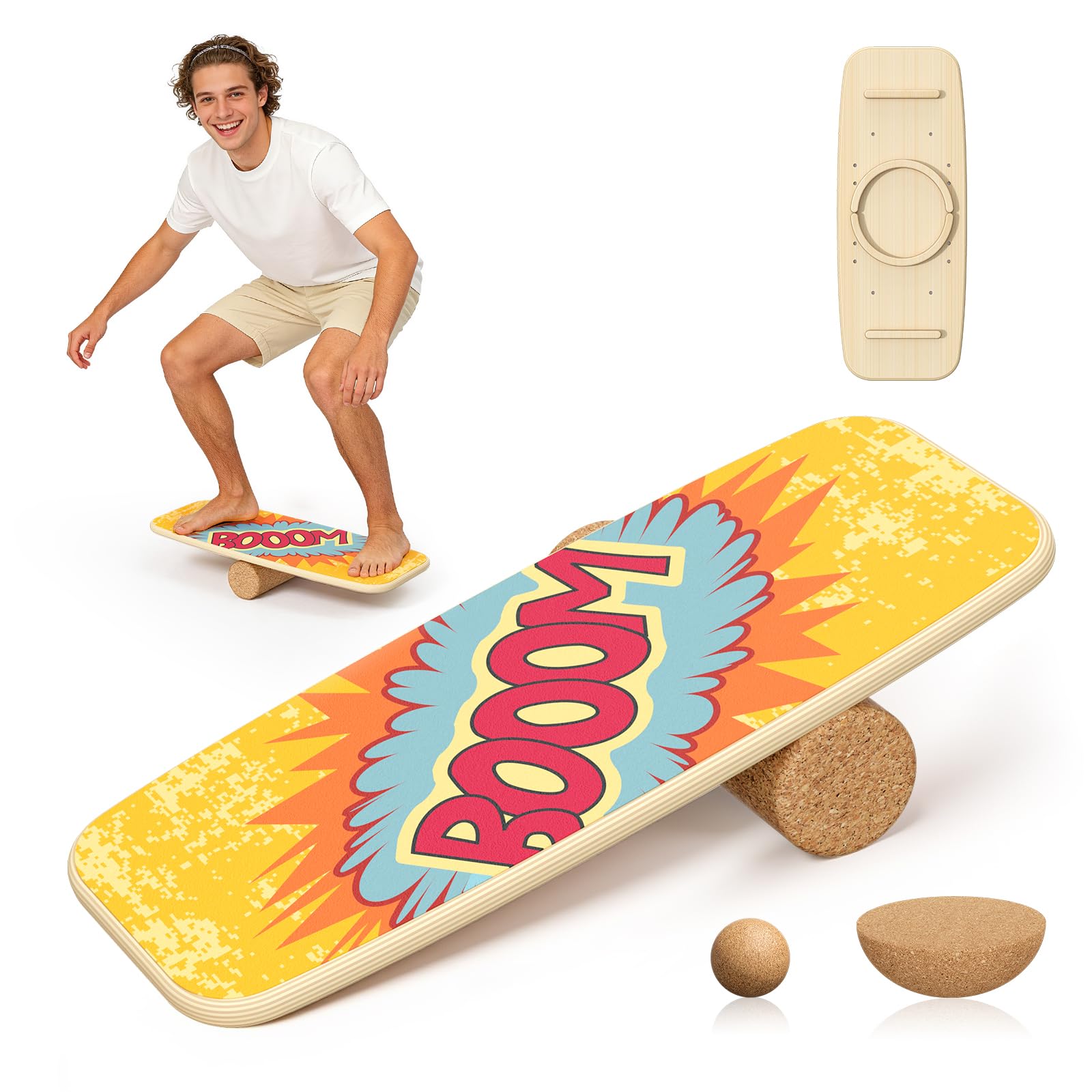 8-in-1 Balance Board Erwachsene,Gleichgewichtstraining - Balance Board Holz,Oberflächenbehandlung gegen Rutschen inklusive Rolle,inkl. Rolle, Halbkugel und Balance Ball,Rutschfest 204 KG（Orange）