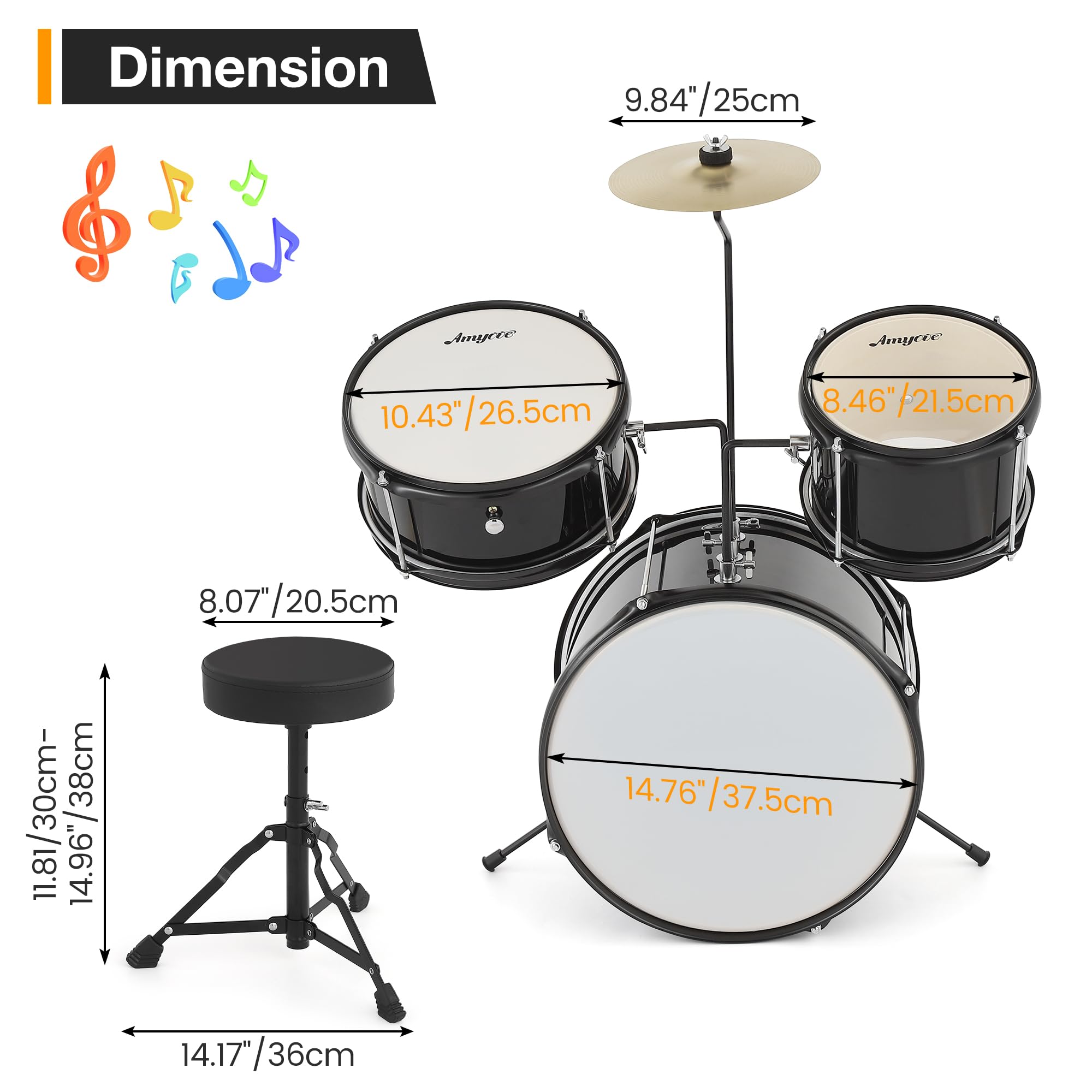 Set Batteria Bambini 3 Pezzi – Kit Principianti con Grancassa, 2 Tom, Piatti, Pedale, Sgabello, Bacchette – Strumento Musicale Educativo per Jazz e Rock – Materiale Legno/Metallo – Nero