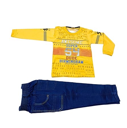 Febro Soft Cotton Long Sleeves Printed hoseiry t-Shirt Jeans (Stretchable),Cotton Pants(Trouser) for Your Little Ones from New Born to 14-15 Years (6002 Yellow, 28(5-7 Years))