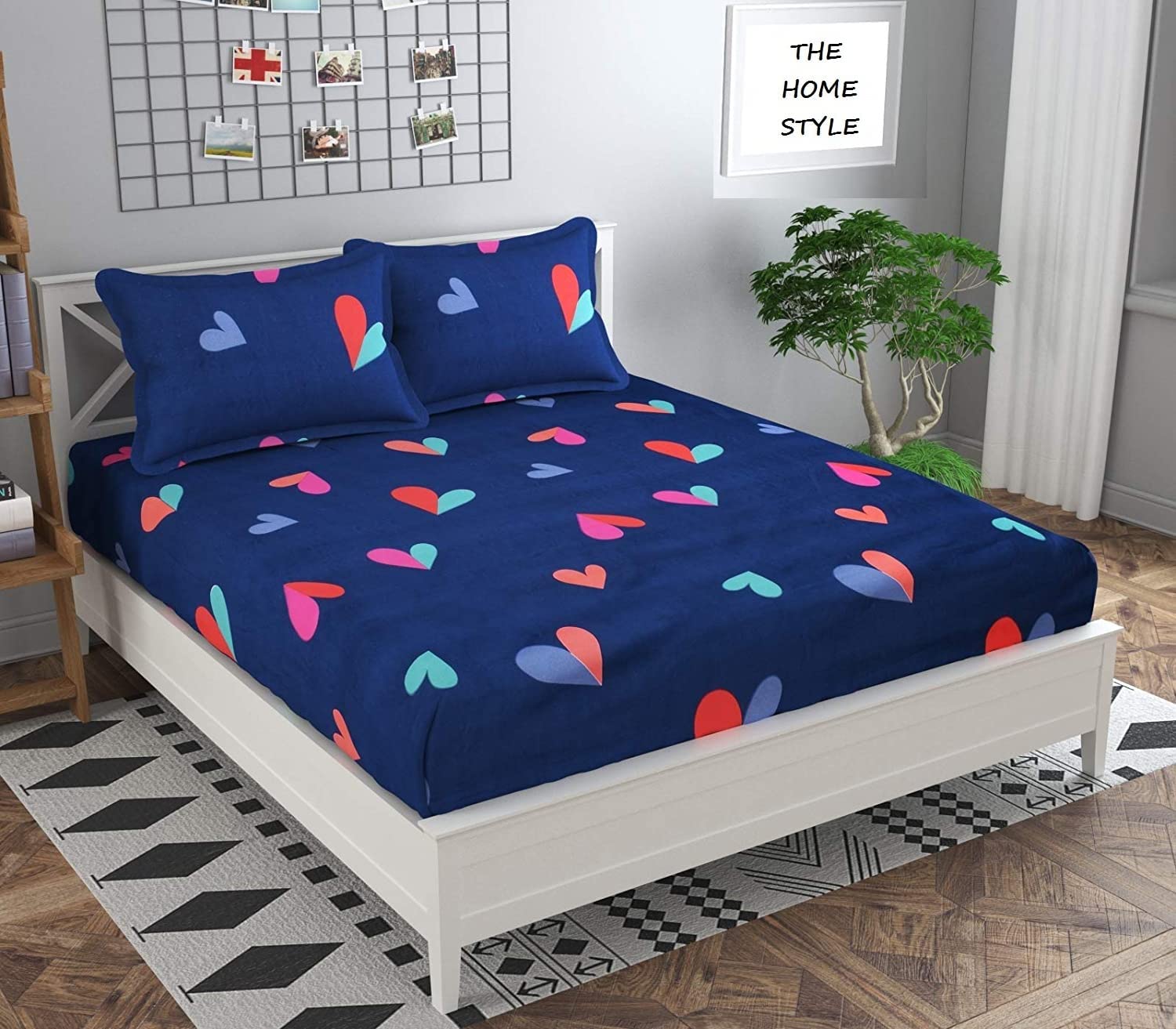 THE HOME STYLE Supersoft Glace Cotton 350 TC Elastic Fitted All Around King Size Printed Double Bedsheet With 2 Pillow Cover & King Size Comforter/Duvet/Blanket (72"X78" + Comforter, Blue Heart)