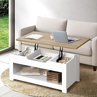 Oikiture Coffee Tables Lift Up Top Wooden Convertible Hidden Book Storage Living Lounge Room Furniture Shelf Display,White...