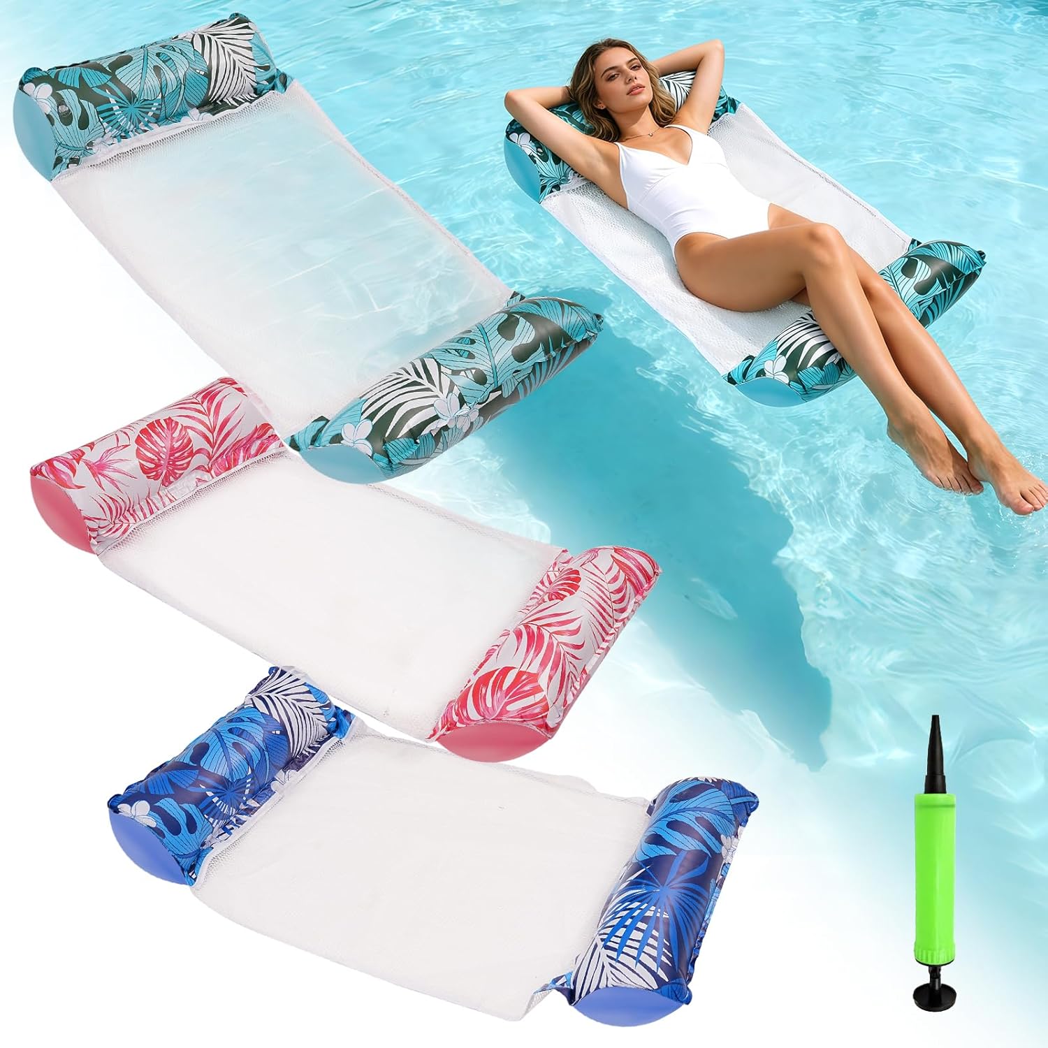 3-Pack Plus Size Pool Floats for Adults – 4-in-1 Inflatable Water Hammock Lounge Chair, Heavy Duty Floating Raft for Swimming Pool, Lake, Beach, Vacation & Pool Parties
