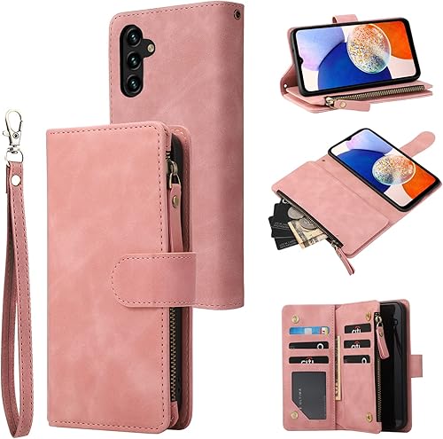 RANYOK Compatible con Galaxy A14 5G funda tipo cartera de piel sintética de alta calidad bloqueo RFID con ranura para tarjetas correa de muñeca