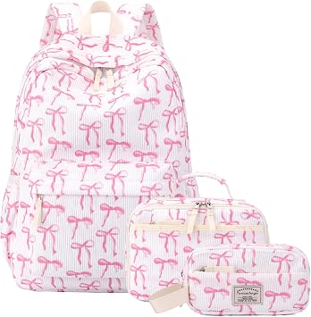 Corduroy Backpack for Kids with Lunch Box & Pencil Bag (Bows Pink)