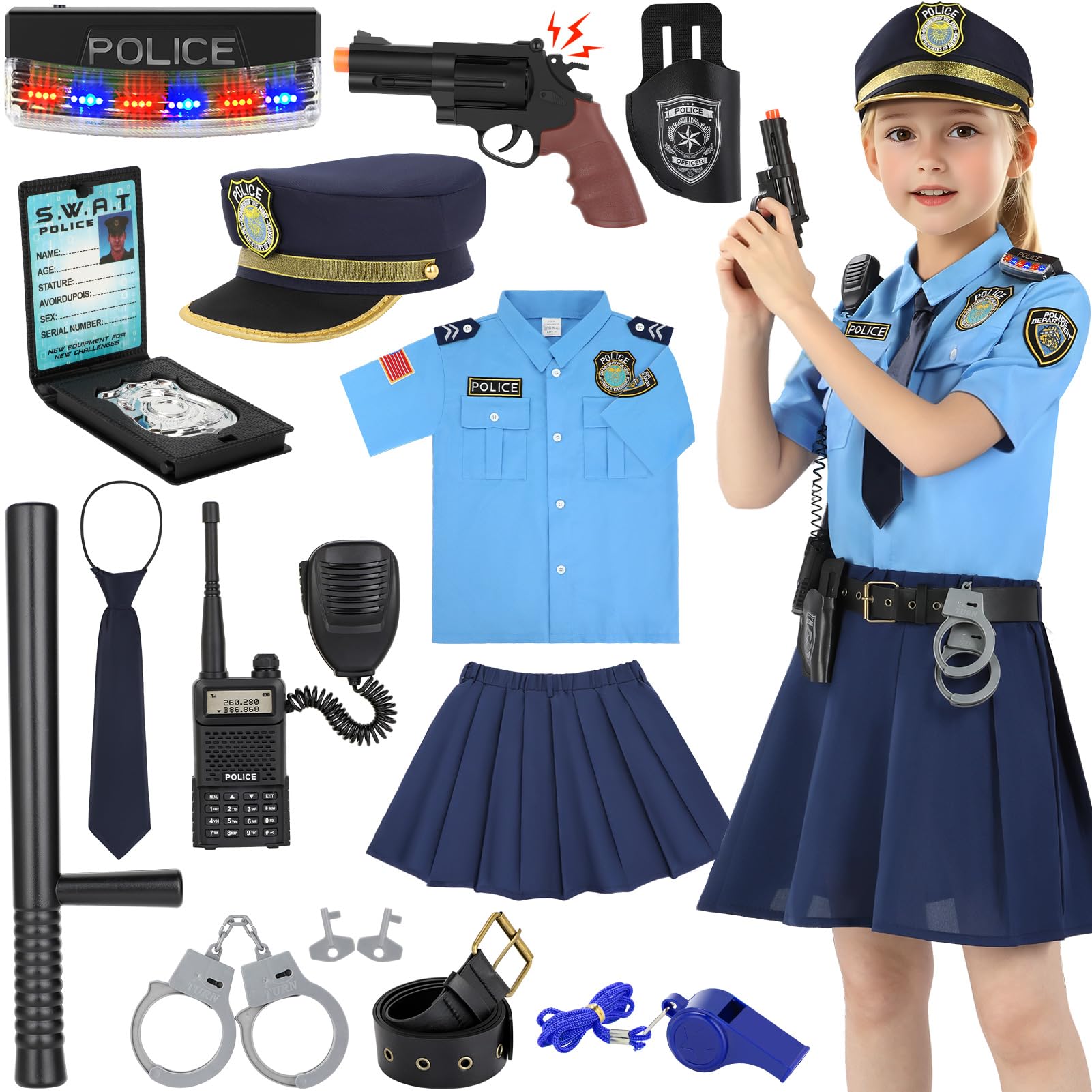 Loscola Police Costume for Girls, Police Officer Costume for Kids, Halloween Cop Costumes for Kids Girl Toddler 3-12