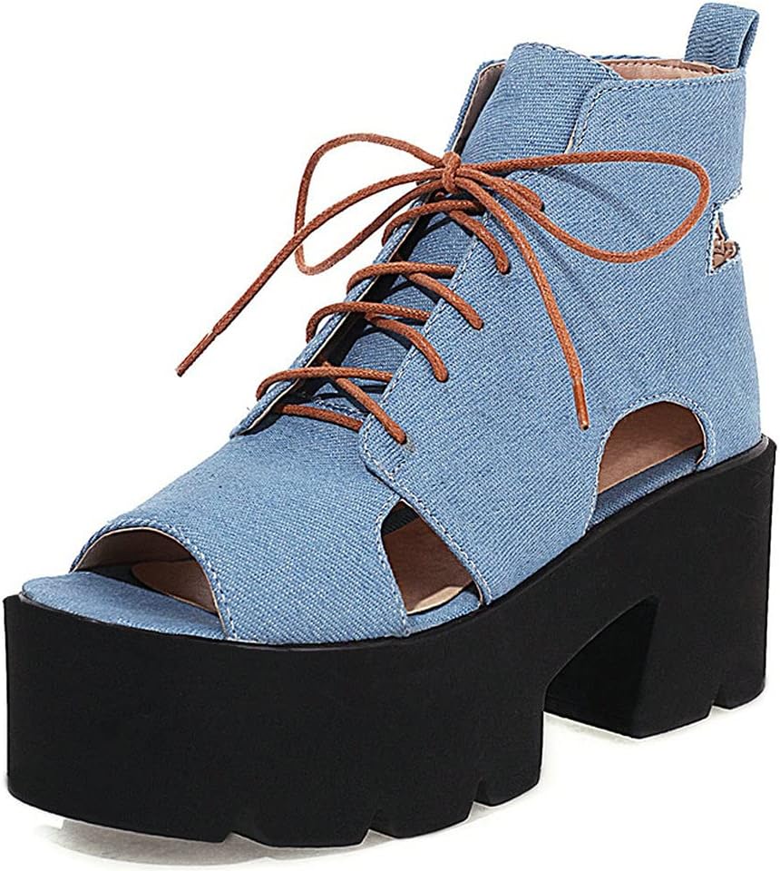 KOKOMOMO Womens Denim Lace Up Platform Cutout Sandals Chunky Heel Peep Toe Boots