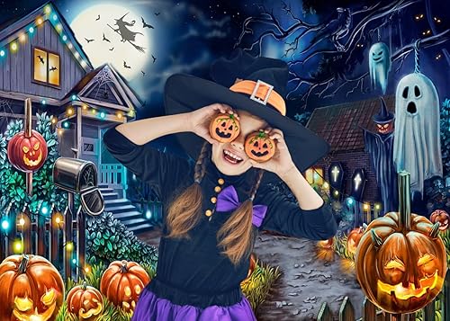 Miniatura 3 de Fondo de fotos de Halloween de dibujos animados de 10 x 8 pies, telón de fondo con tema de calabaza de calabaza, mansión de calabaza, luz de luna,
