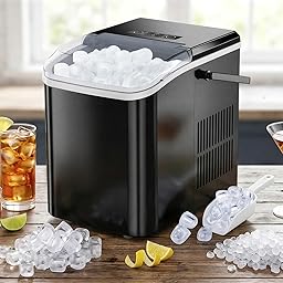 Ice Maker, Portable Ice Makers Countertop with Handle, Basket & Scoop, 26Lbs/24Hrs, 9 Bullet Ice Cubes in 6 Mins, 2 Ice Sizes, Self-Cleaning, Quiet Compact Ice Machine for Home Kitchen Party, Black