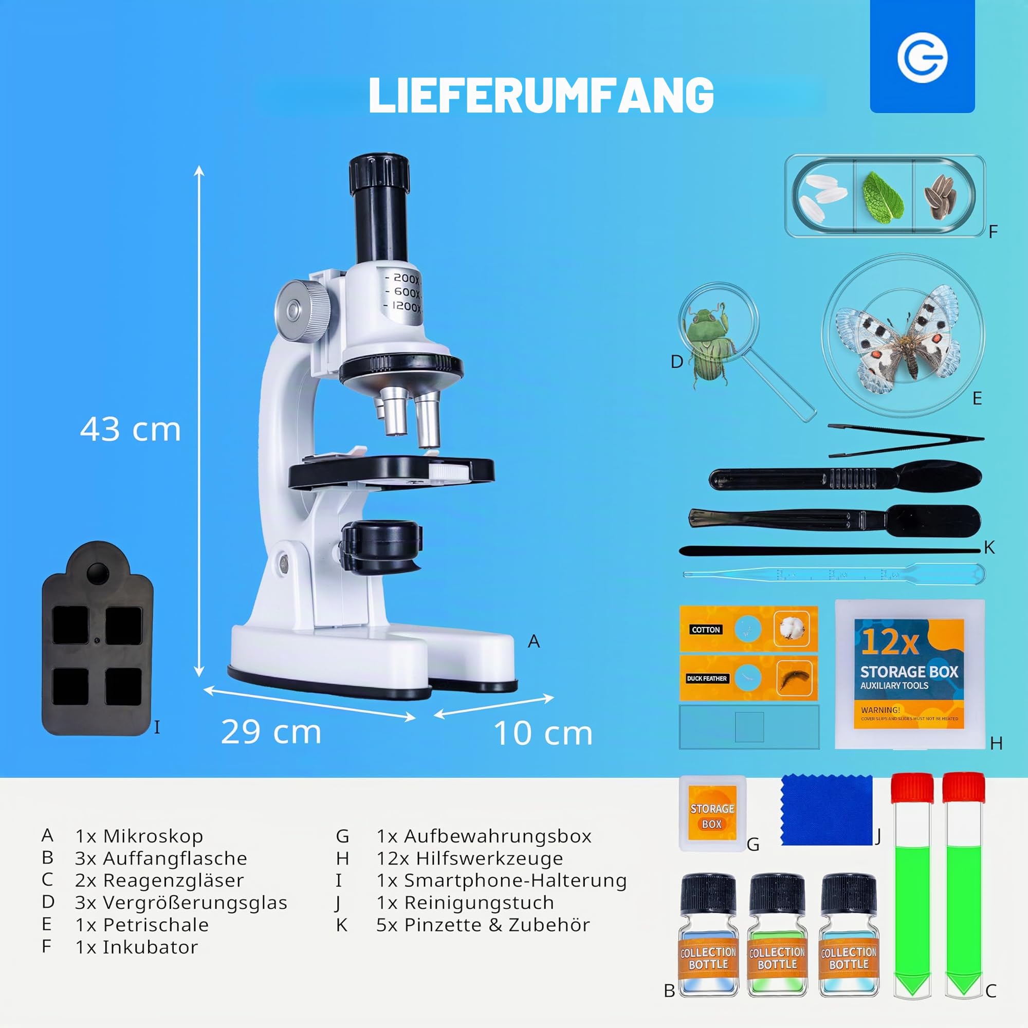 Silvergear® Mikroskop Set für Kinder | Mikroskop Erwachsene & Anfanger | mit 200x, 600x und 1200x Vergrößerung | Lernspielzeug | Biologie | 4 Farbfilter | Labor | inkl. 29 Zubehör | 14x8x22 cm | Weiß