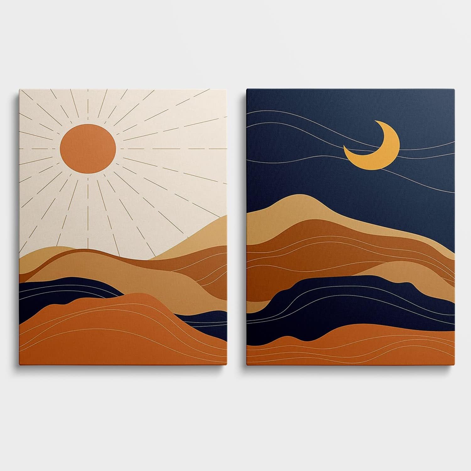 Mid Century Desert Prints Boho Cactus Canvas Prints Sun and Moon Day and Night Canvas Wall Art Modern Abstract Landscape Art for Living Room Decor Bedroom Dining Room Set of 2, 12x16 inch Framed