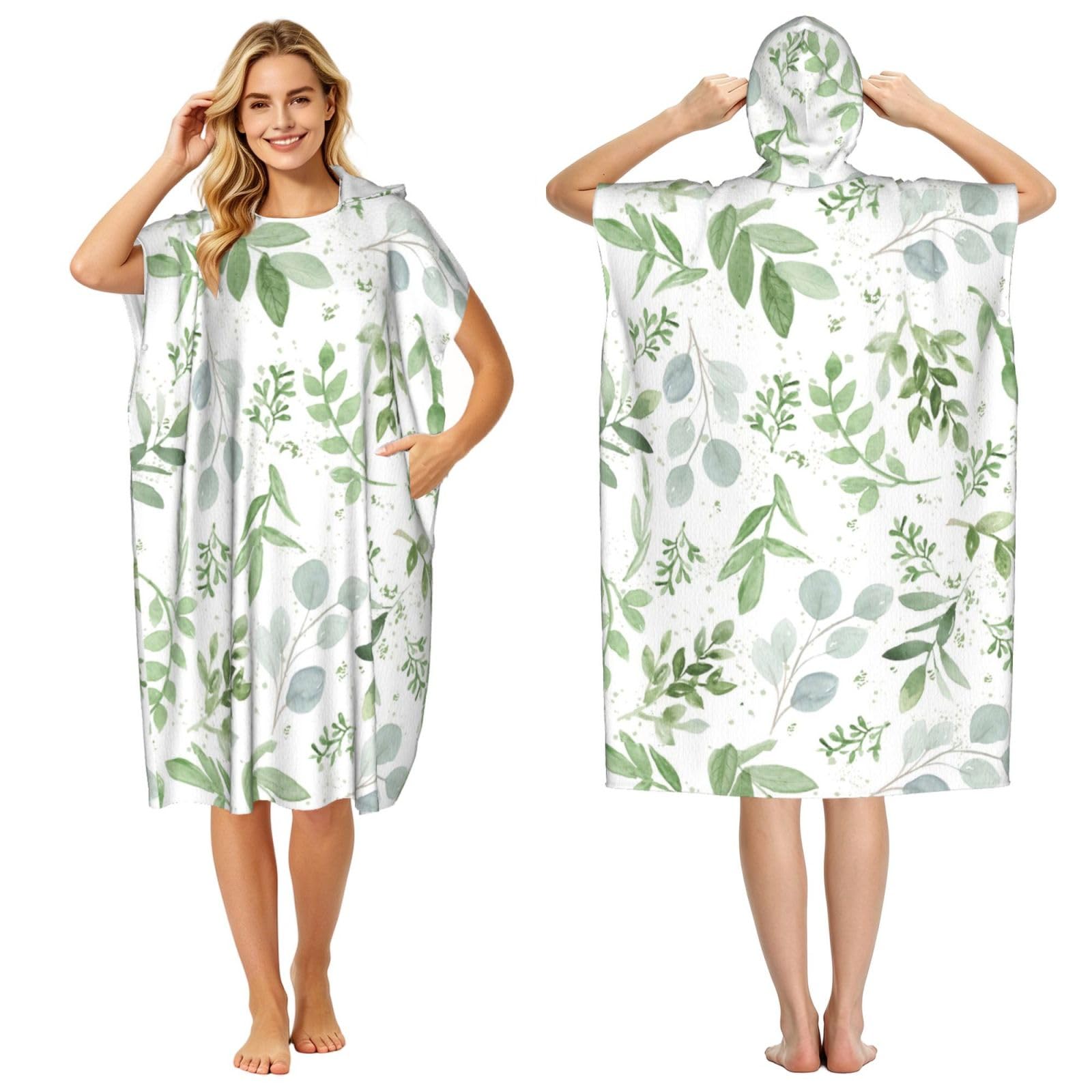 Poadnly Sage Green Leaves, Adult Hooded Beach Towel 90 x 110 cm,Changing Bath Robe, Surf Poncho Towel For Women Men