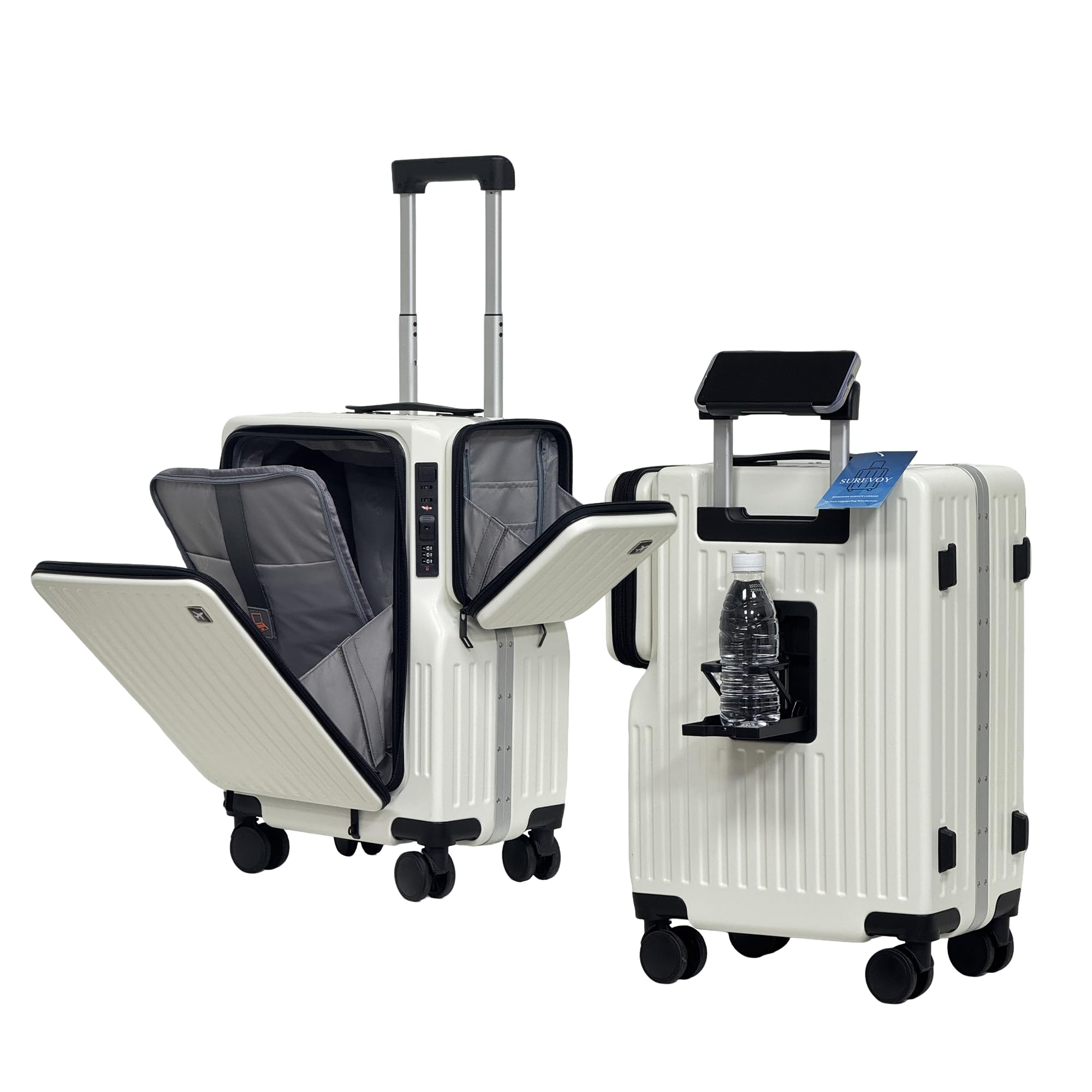 SUREVOY 20-Inch Expandable Front-Access Carry-On Suitcase with Multi-Compartment, Lightweight Luggage, Foldable Cup Holder, Hidden Phone Bracket and