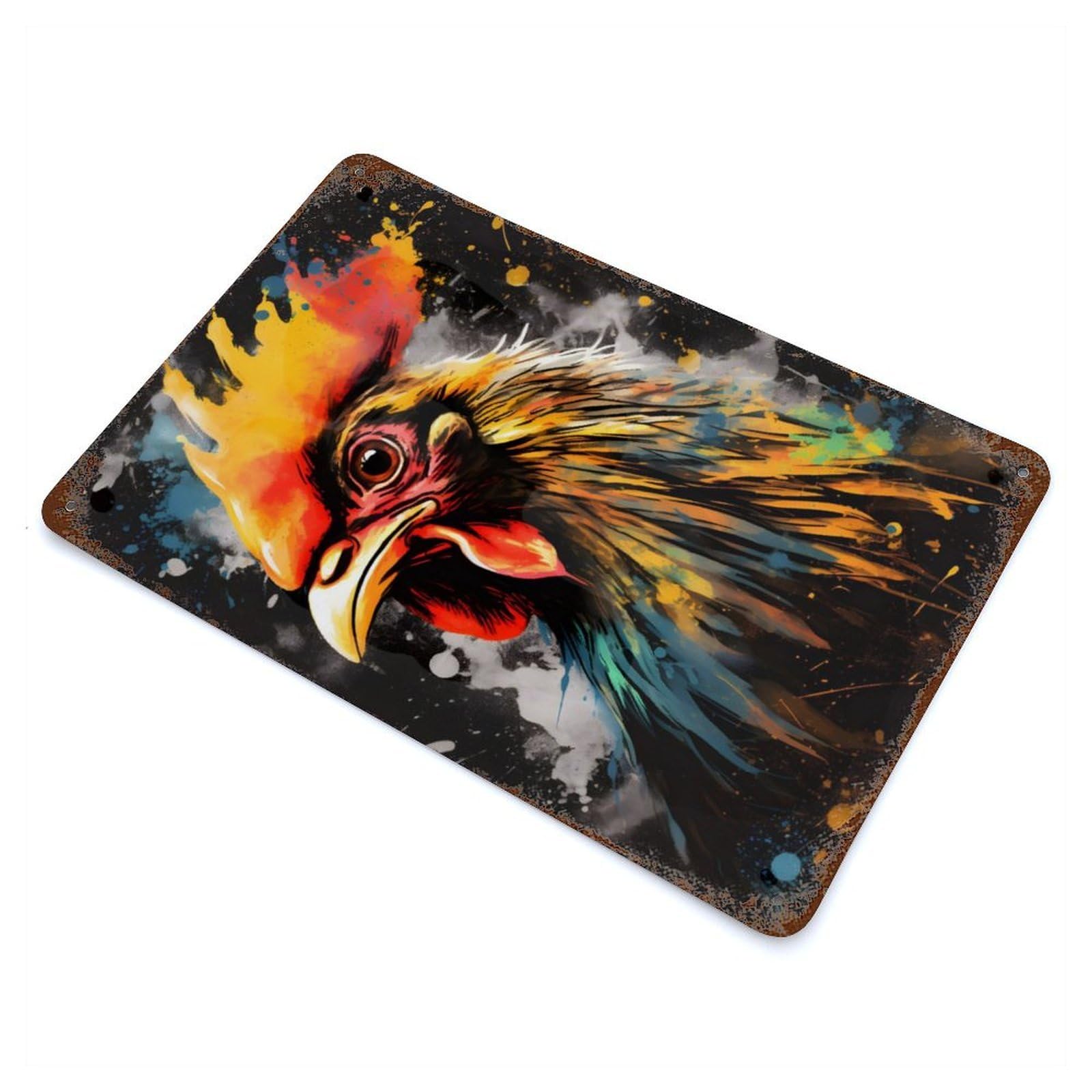 Rust Effect Tin Sign with Colorful Rooster Painting Design 11.8"x7.9", for Pub, Kitchen And Man Cave Decor, Industrial Home Decor