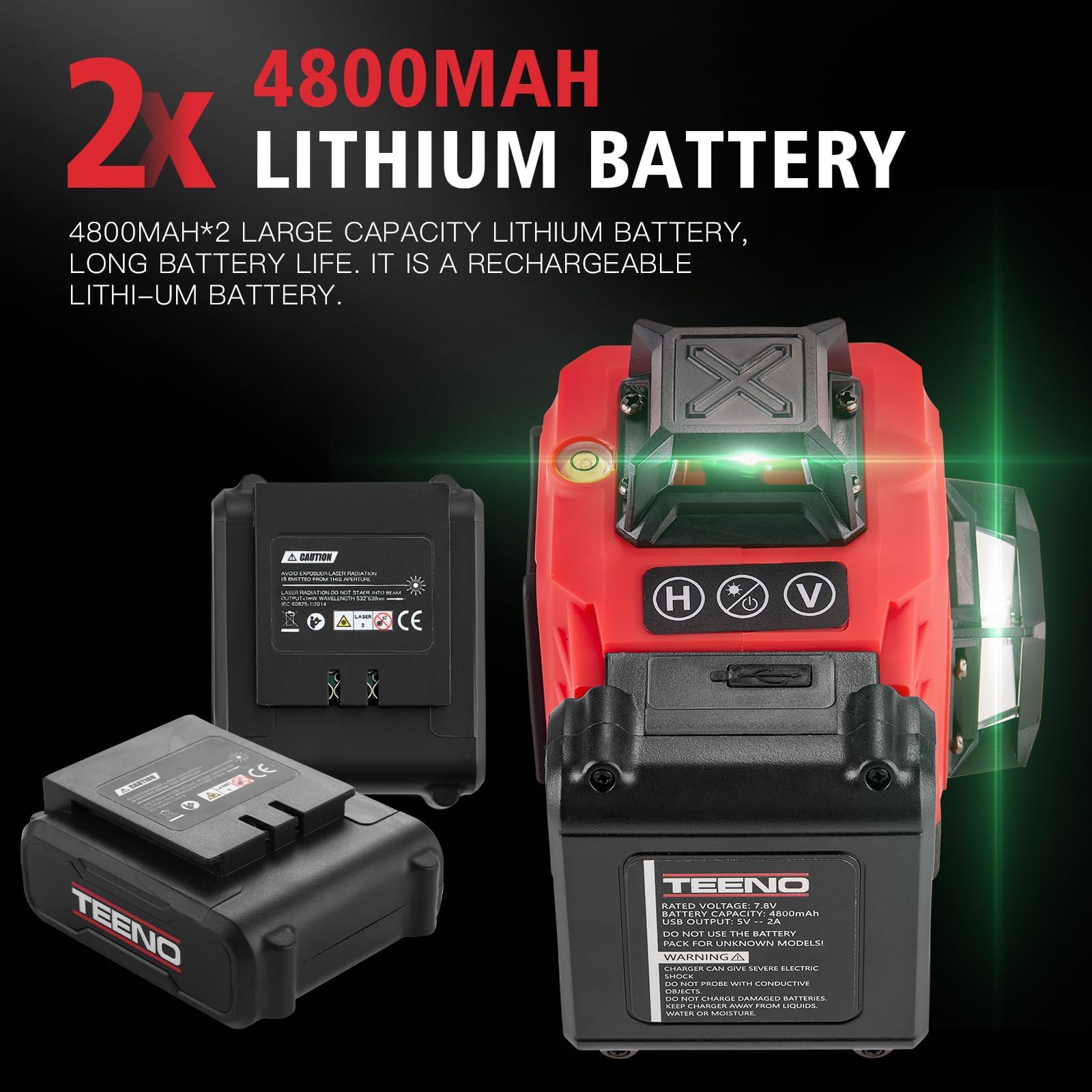 TEENO Rotatif Niveau Laser 360°x4,4D 16 Line Verte, Batterie Rechargeable 4800 mAh x 2, Niveaux Laser avec Télécommande et Trépied, avec Affichage Numérique LCD