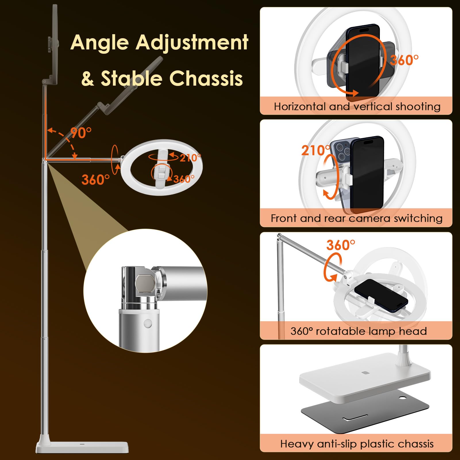 Luce ad anello da 25,4 cm con supporto, treppiede con luce per selfie dimmerabile e supporto per telefono per registrazione video, fotografia, live streaming, TikTok e YouTube