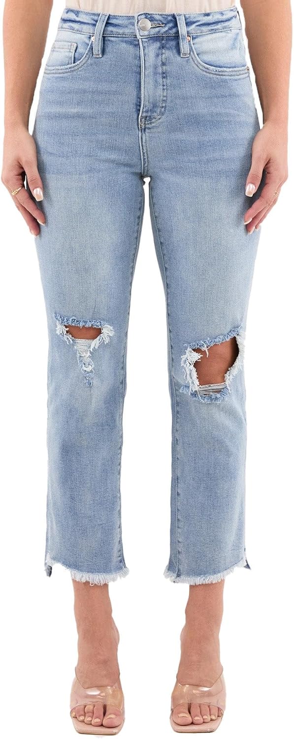 RFM Dylan High Rise Slim-Fit Straight Crop Fray Jeans with Built-in Tummy Control - Premium Stretch Denim (Available in Plus)