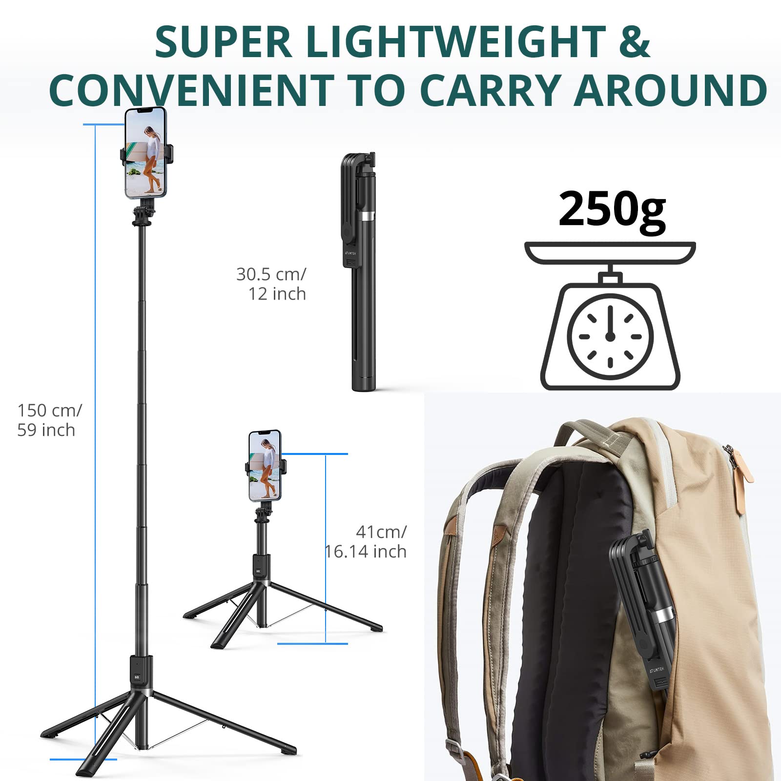 ATUMTEK Kijek do selfie ze zdejmowanym pilotem zdalnego sterowania Bluetooth, 150 cm, wysuwany kijek do selfie do iPhone'a i systemu Android, nagrywanie wideo, blogowanie i transmisja na żywo