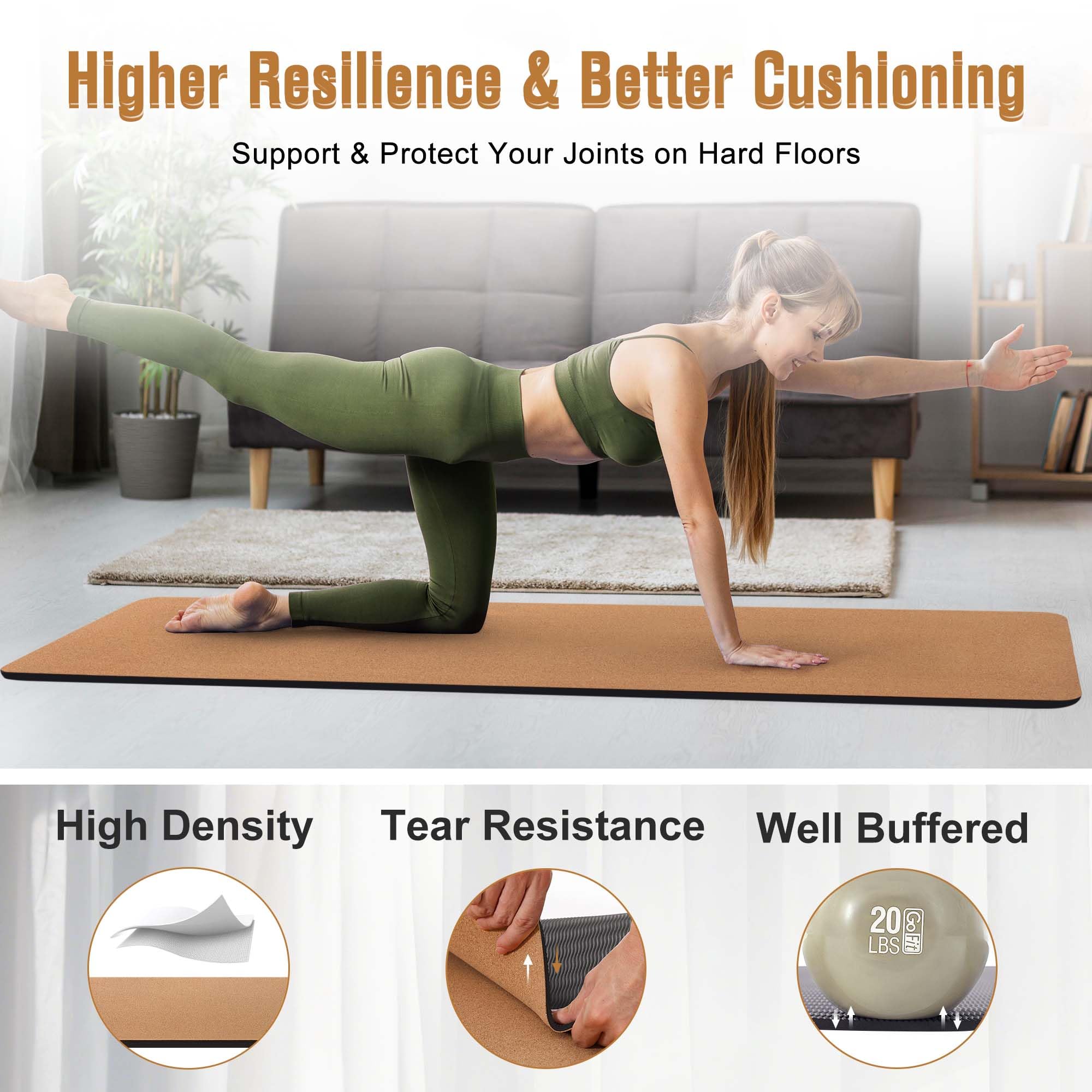 Tappetino da yoga in sughero di alta qualità, spessore 182,9 x 66 cm, spesso sughero e TPE antiscivolo, per donne e uomini, a prova di sudore, ecologico, ideale per hot yoga e allenamenti