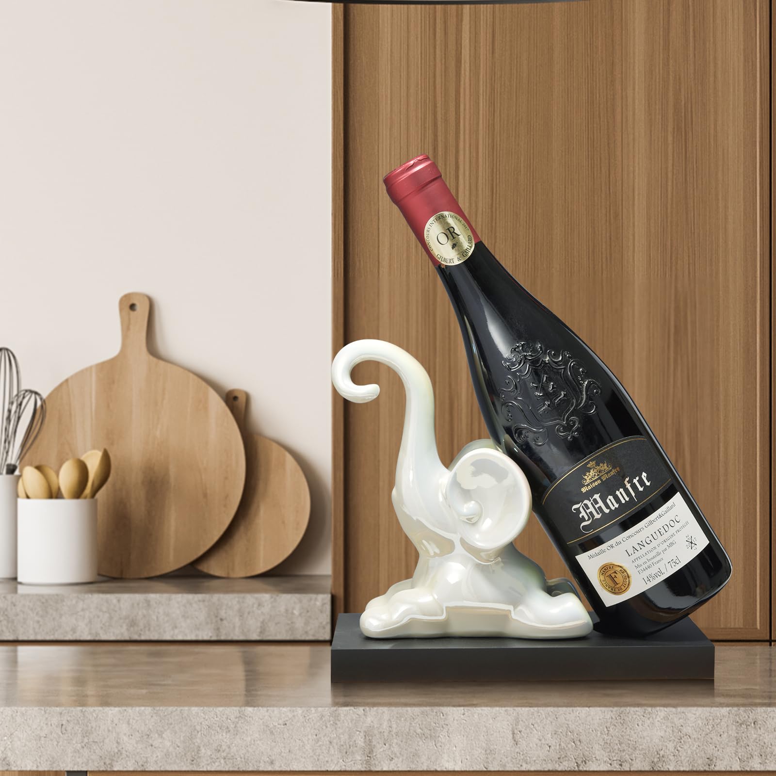 BloomCreek Pearlescent White Elephant Wine Bottle Holder - Elephant Statue Wine Rack, Wine Bottle Stand Decor, Perfect Elephant Gift and Home Decor, Wine Decor Ornament