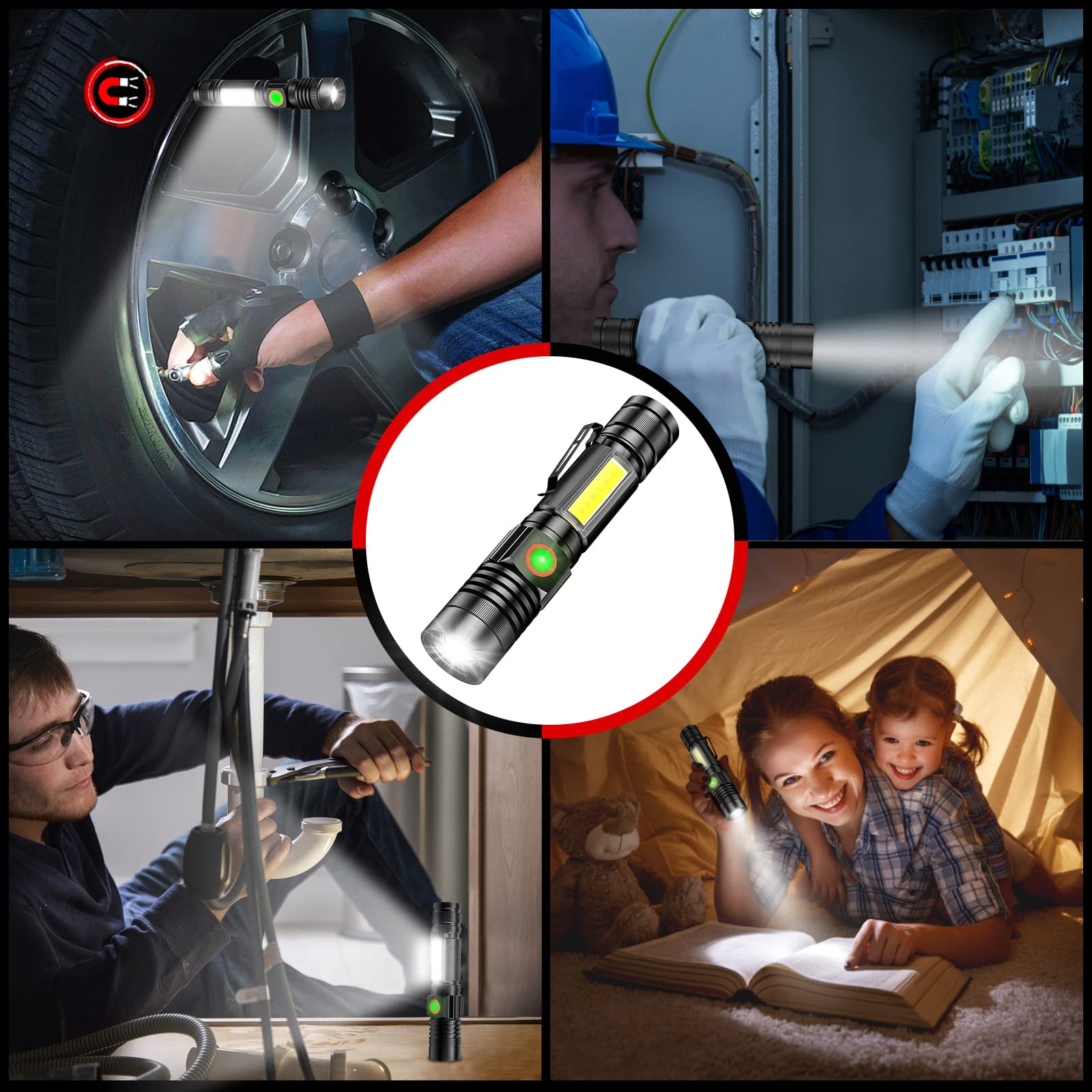 Torcia a LED ricaricabile, confezione da 2 pezzi, 1000 lumen, con luce da lavoro COB e 4 modalità, impermeabile, con zoom, piccole torce per campeggio di emergenza