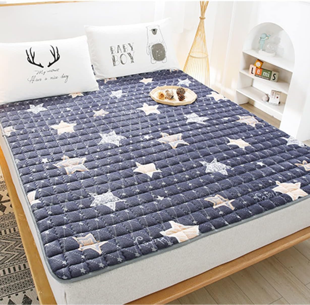 Shikipatto Bed Pad Bluewp Single Size with Elastic Moisture Absorption/Release Water Absorption/Quick Drying Comfortable All Year Round Smooth Touch Dehumidifying Futon (Bluew 180 x 200 cm)