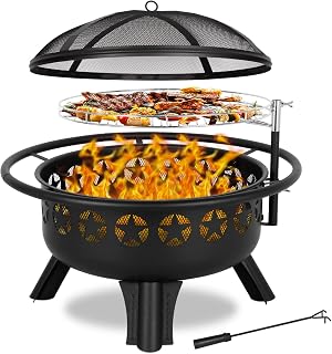 Hykolity 31 Inch 2-in-1 Wood Burning Fire Pit with Swivel Grill Grate, Spark Screen & Poker for Backyard Patio Bonfire