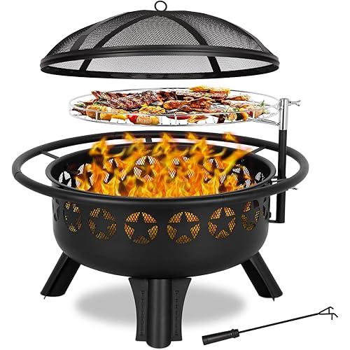 Hykolity 2 in 1 Fire Pit with Grill, Large 31" Wood Burning Fire Pit with Swivel Cooking Grate Outdoor Firepit for Backyard Bonfire Patio Outside Picnic BBQ, Spark Cover, Fire Poker