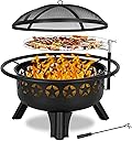 Hykolity 2 in 1 Fire Pit with Grill, Large 31" Wood Burning Fire Pit with Swivel Cooking Grate Outdoor Firepit for Backyard Bonfire Patio Outside Picnic BBQ, with Spark Cover, Fire Poker
