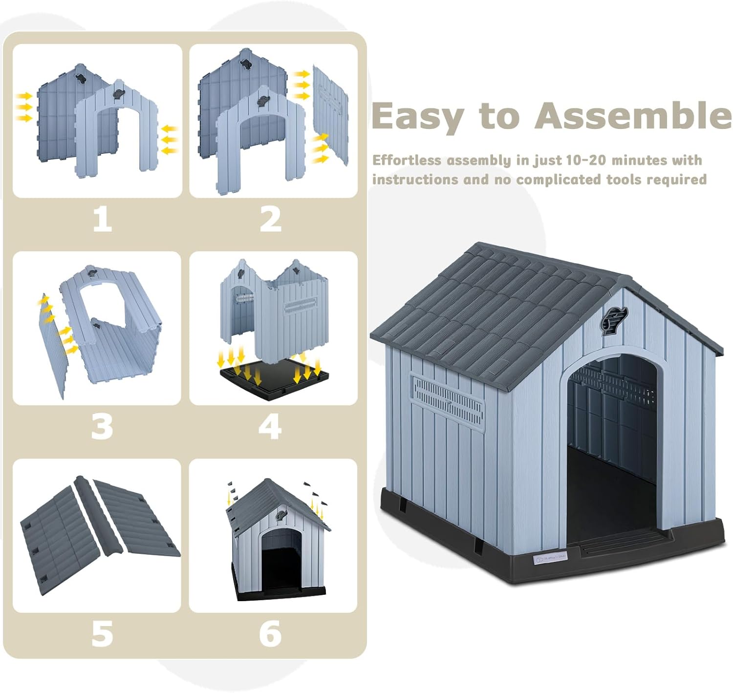 PUKAMI Large Dog House Outdoor Indoor, Plastic Dog House Weatherproof for Large Dogs, Sturdy Puppy Shelter with Air Vents and Elevated Floor, Easy Clean and Assemble (Grey, 37.2" D x 40" W x 40" H)