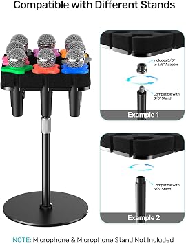 Multi Microphone Holder for Mic Stand Square Tray Microphone Storage Organizer for Handheld Dynamic Wired and Wireless Mics Rubber Padding Mounted to 5/8-27 or 3/8-16 Threaded