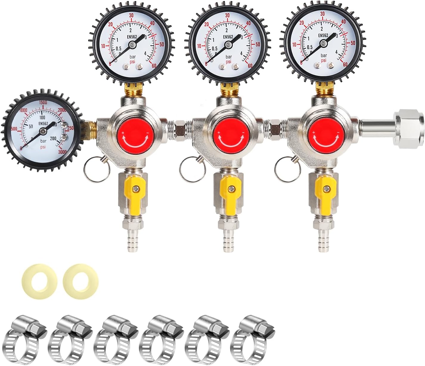 CO2 Regulator for Triple Tap Kegerator Draft Beer Tower Dispenser, CGA-320 CO2 Tank Regulator Gas Regulator 0-3000psi，Keg Regulator Beer Safety Pressure Regulator 0-60psi,Kegerator Regulator Gauge