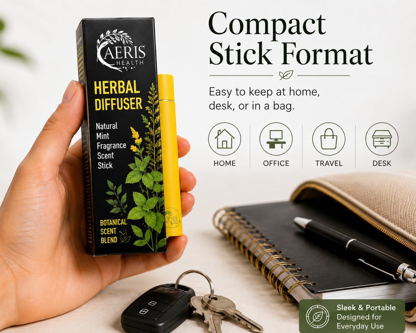 Herbal Diffuser, Plant-Based Mullein, Thyme & Mint Botanical Scent, Non-Electronic Personal Fragrance Accessory, 1 Stick