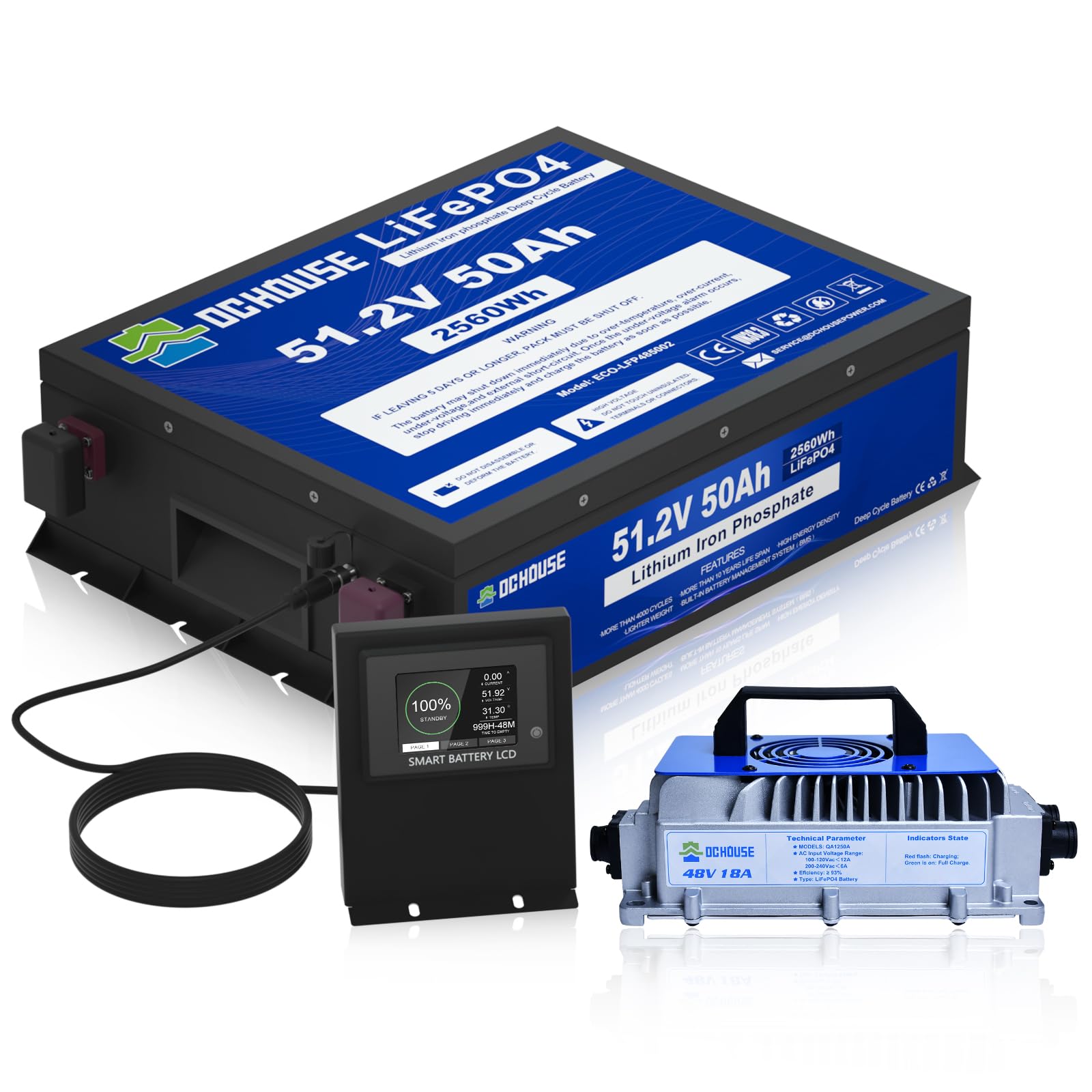 DCHOUSE Batteria LiFePO4 48V 50Ah con Caricatore 18A, Bluetooth e Monitor, BMS 100A, Protezione Bassa Temperatura, Carcassa Metallica, per Golf Cart, Camper e Sistema Solare