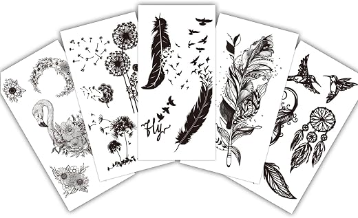 S.A.V.I 5 Mixed Design Sheets | Safe Non-Toxic Black Feather & Floral Temporary Tattoo Stickers for Women & Girls | Waterp...