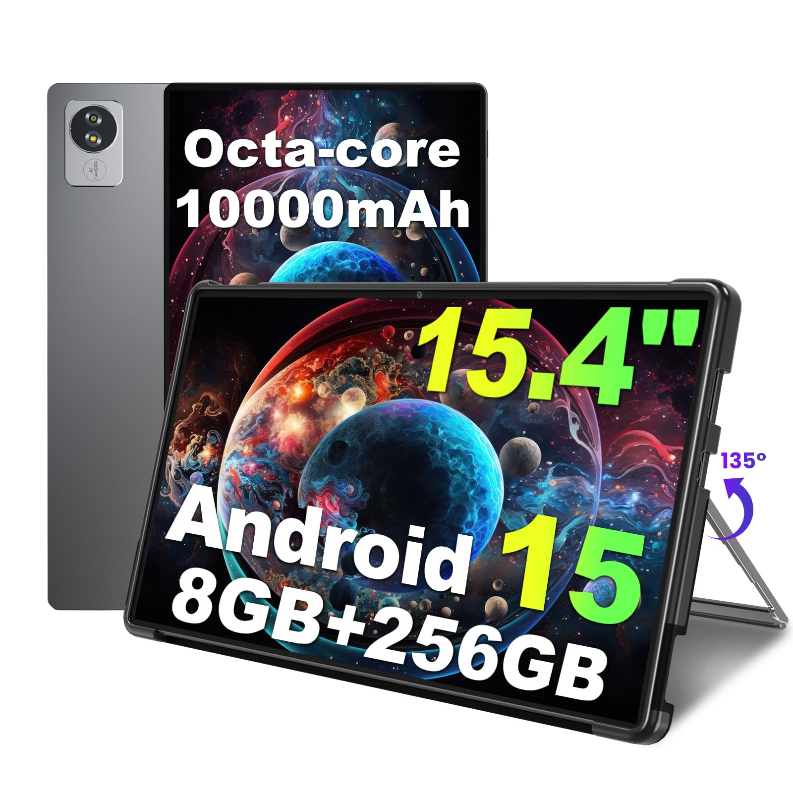 jumper 15.4 inch Tablet, Android 15 Tablet with Helio G99 Octa-Core Processor(Beat Unisoc T618), 8GB RAM 256GB ROM, Tablets with Stand & Case,