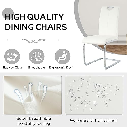 Miniatura 6 de Juego de 4 sillas de comedor modernas de piel sintética con respaldo alto y patas de metal plateado para cocina y comedor, color blanco