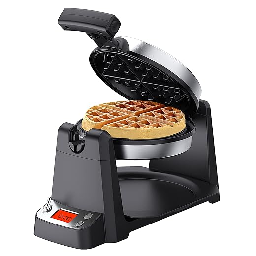 Flip Belgian Waffle Maker, Elechomes 180° Rotating Waffle Iron (1.4" Thick Waffles) with LCD Display Digital Timer Non-Stick Coating Plates Removable Drip Tray Recipes Included, Stainless Steel