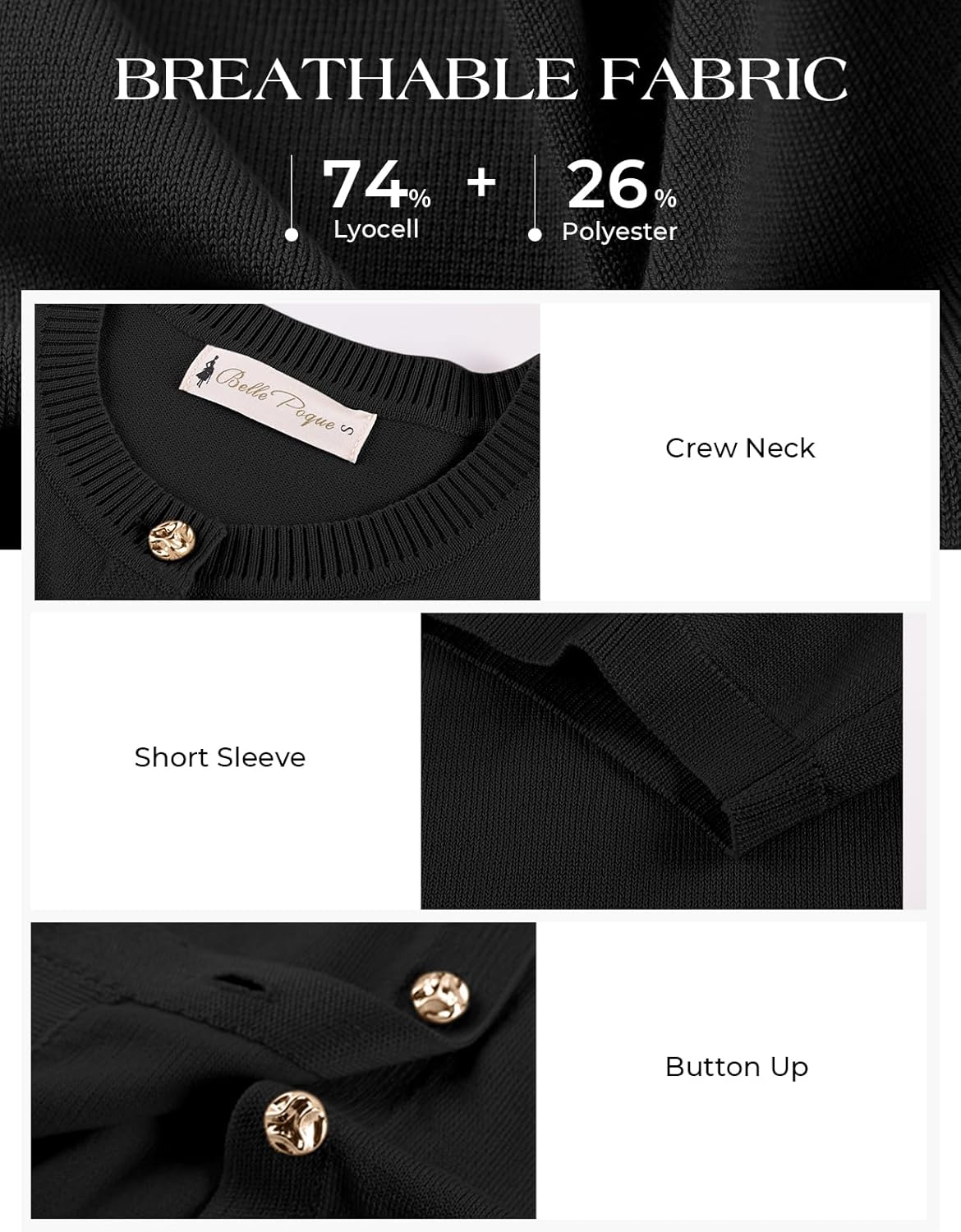 Belle Poque Women Short Sleeve Cardigan Sweater Lithtweight Crewneck Button Up Summer Cardigan - Image 6