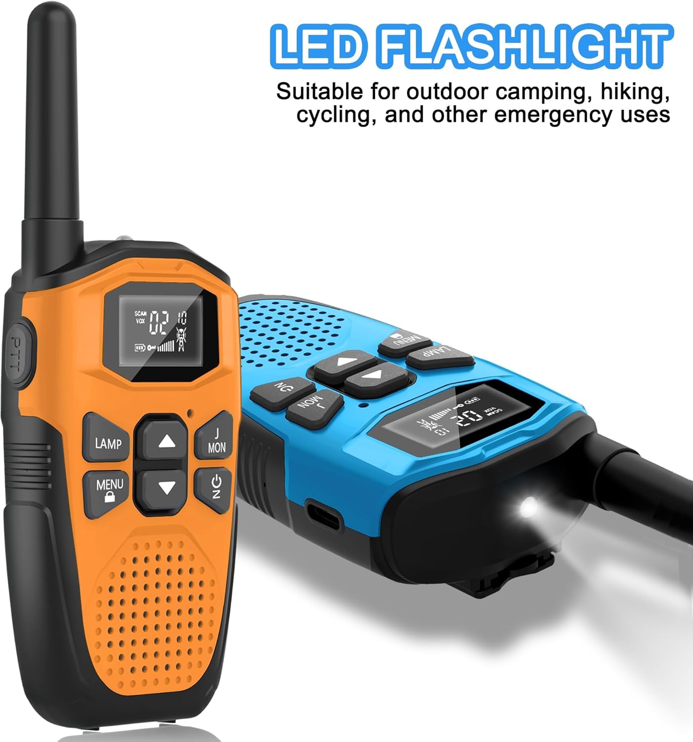 Two DURLK walkie talkies, one orange and one blue, with the LED flashlight illuminated on the orange unit, highlighting its utility for outdoor and emergency uses.