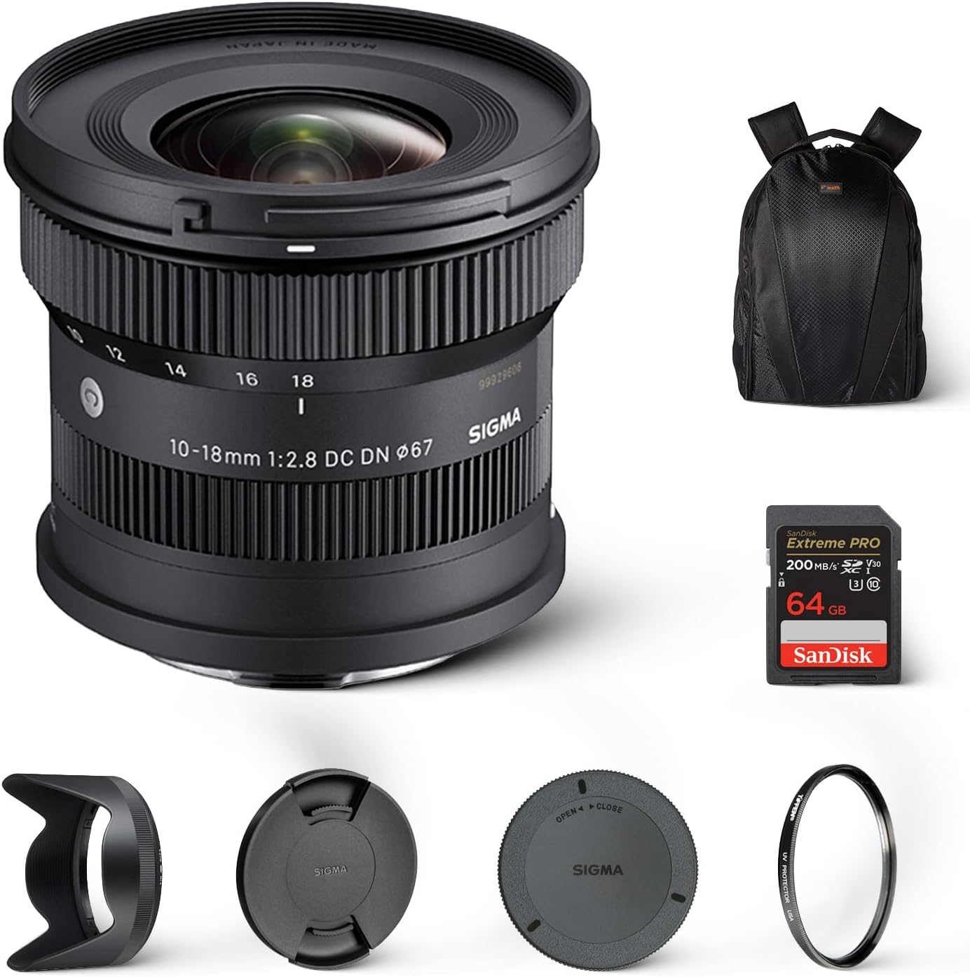 Sigma 10-18mm F2.8 DC DN Contemporary Lens for Sony E | Ultra Wide-Angle Zoom with Tiffen 67mm UV Protector Filter, Waith Camera Backpack and 64GB Extreme PRO UHS-I SDXC Memory Card (Bundle Set)