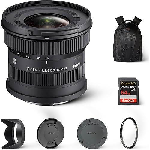 Sigma 10-18mm F2.8 DC DN Contemporary Lens for Sony E | Ultra Wide-Angle Zoom with Tiffen 67mm UV Protector Filter, Waith Camera Backpack and 64GB Extreme PRO UHS-I SDXC Memory Card (Bundle Set)
