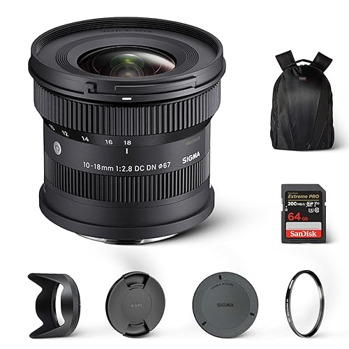 Sigma 10-18mm F2.8 DC DN Contemporary Lens for Sony E | Ultra Wide-Angle Zoom with Tiffen 67mm UV Protector Filter, Waith Camera Backpack and 64GB Extreme PRO UHS-I SDXC Memory Card (Bundle Set)