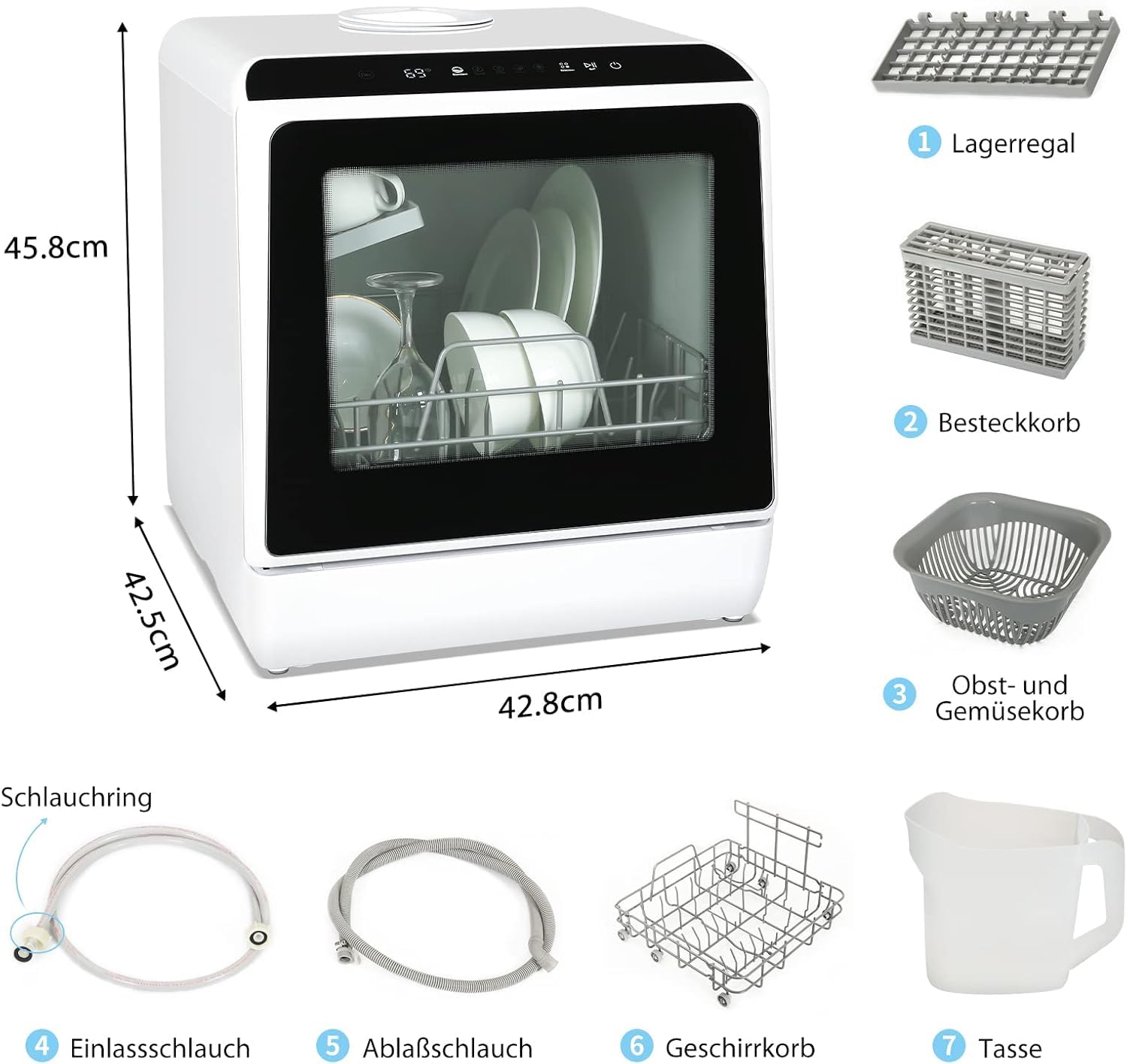 YU YUSING Mini Geschirrspüler Tischgeschirrspüler 5+1 Programme 3 Gedecke 5L Wassertank Touch Control LED-Display