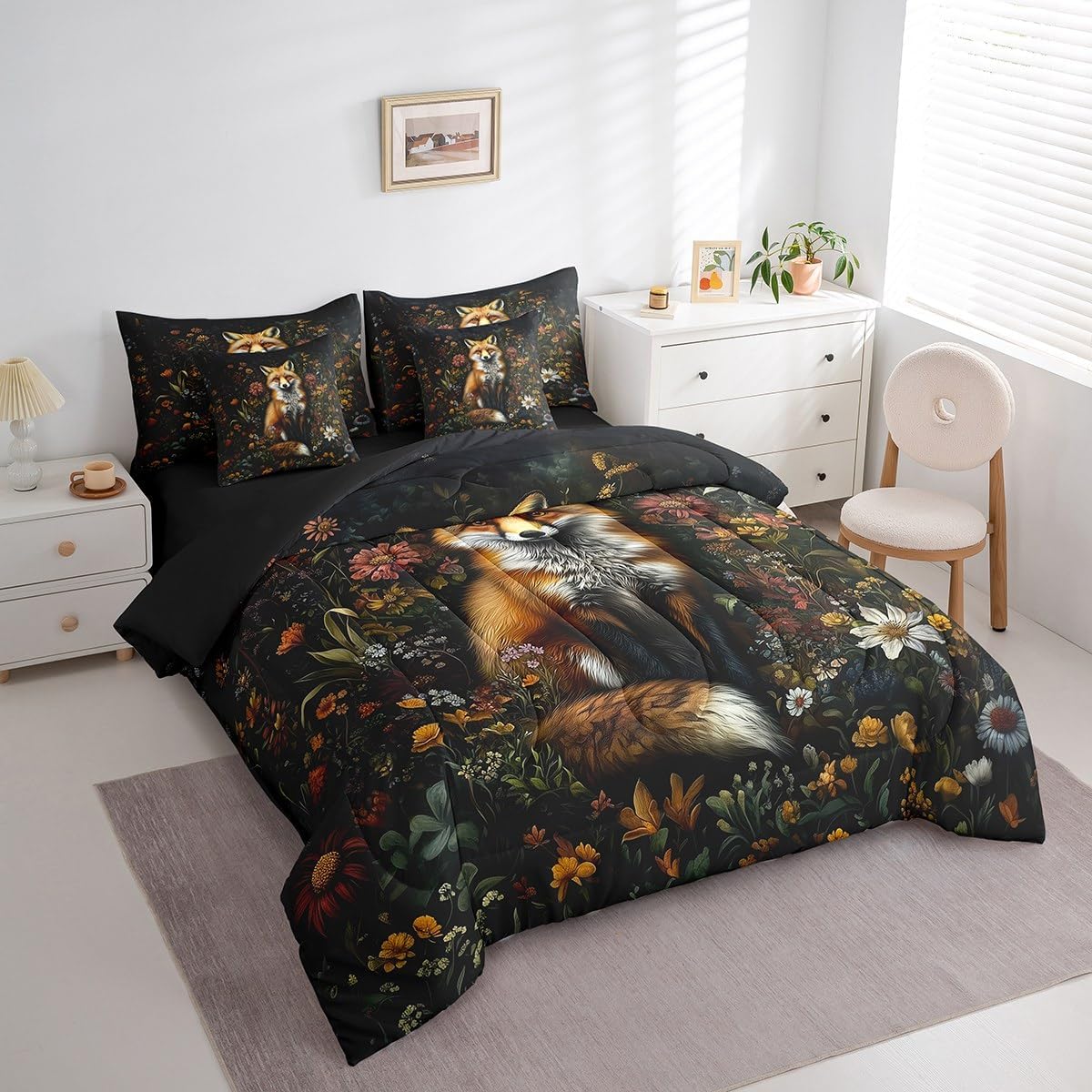 Erosebridal Fox Comforter Set Full Size,Cartoon Zoo Animal Bedding Set for Kids Teens,Oil Art Garden Floral (Comforter+Fitted+Flat Sheet+2 Pillowcases+2 Throw Pillow Covers) 7 Pieces Bed Set